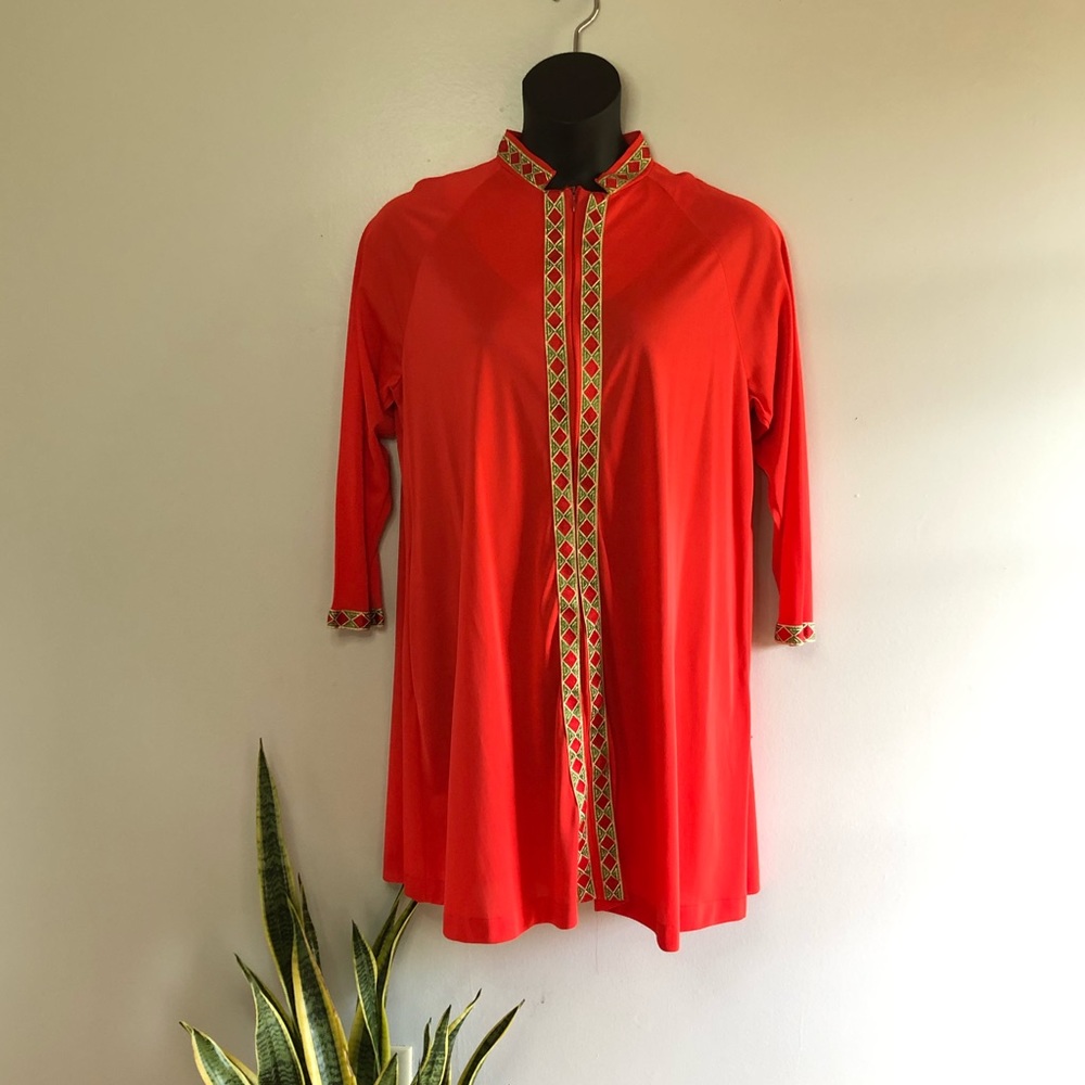 Vintage 70s orange 3/4 sleeve mini dress with pockets metallic gold green Large